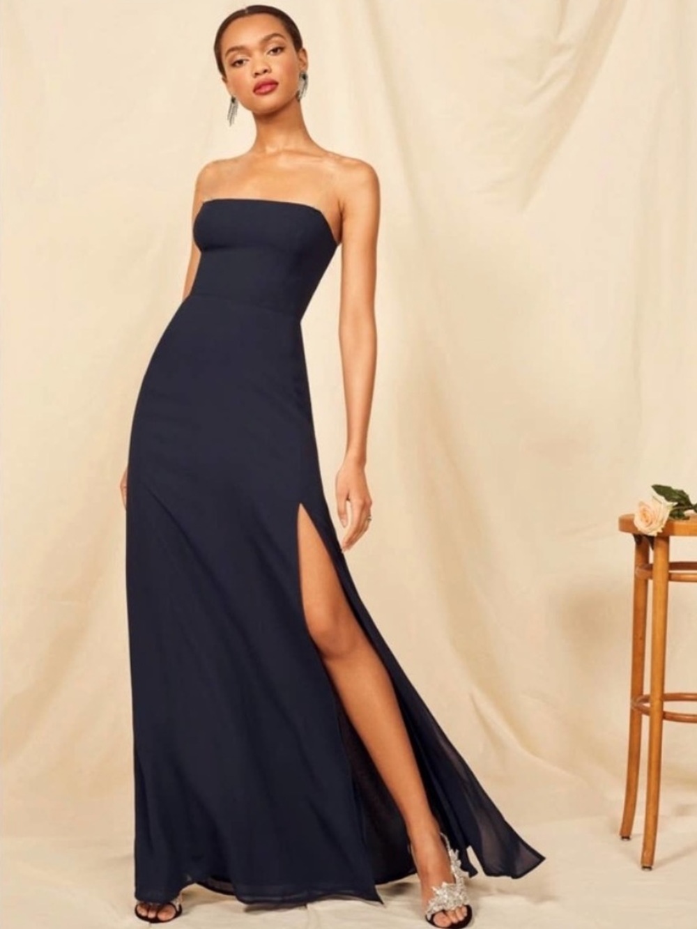 Reformation Ingrid Dress Navy Blue Size 6 Strapless Maxi Full Length Thigh Slit